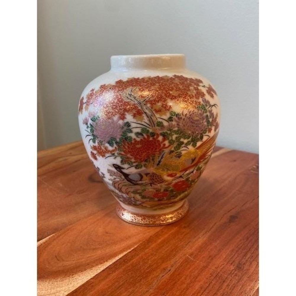 Pheasant Floral Crackle Glaze Satsuma Style Vase Vintage Gilded Ceramic Decor